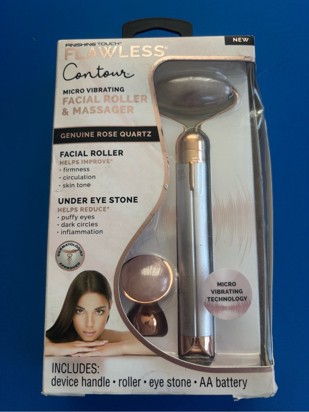 Finishing Touch Flawless Contour Rose Quartz Facial Roller & Massager - Silver
